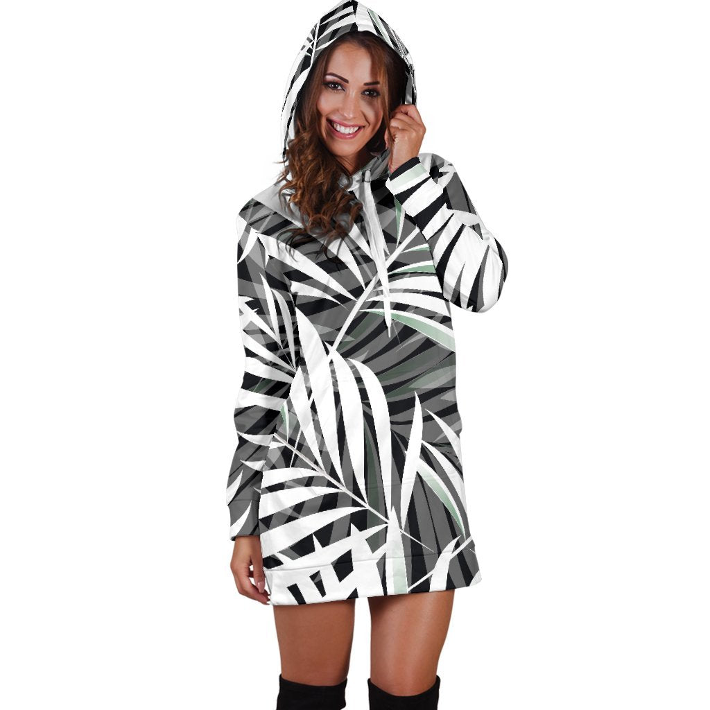 Black White Tropical Leaf Pattern Print Hoodie Dress GearFrost