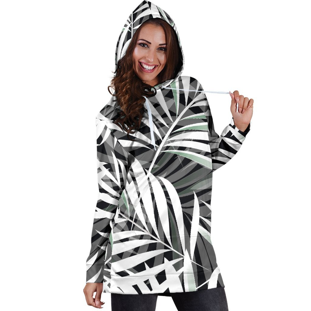 Black White Tropical Leaf Pattern Print Hoodie Dress GearFrost