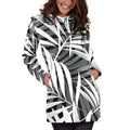 Black White Tropical Leaf Pattern Print Pullover Hoodie Dress