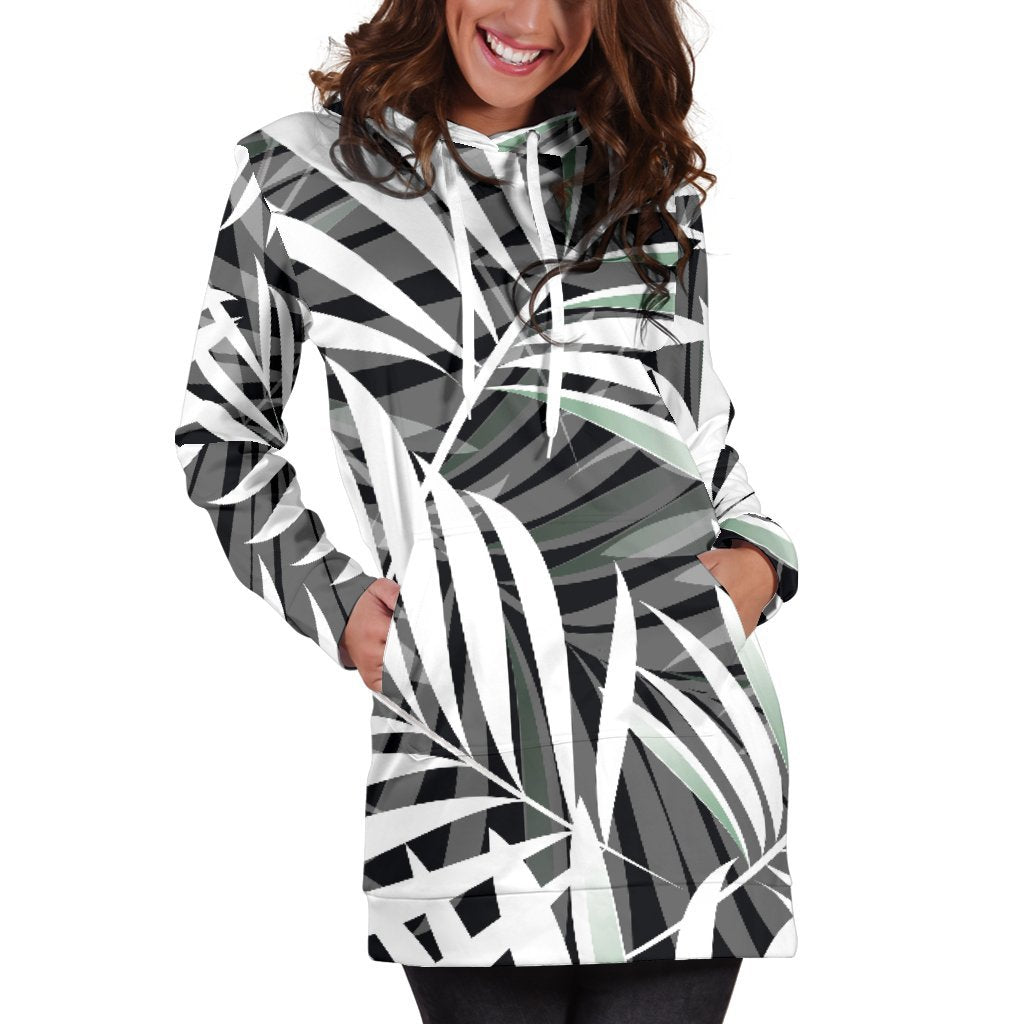 Black White Tropical Leaf Pattern Print Hoodie Dress GearFrost