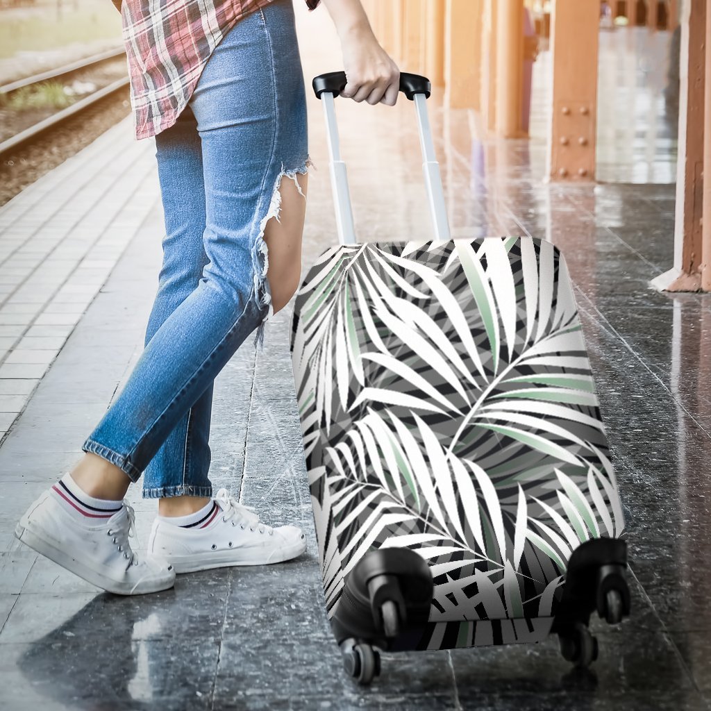 Black White Tropical Leaf Pattern Print Luggage Cover GearFrost