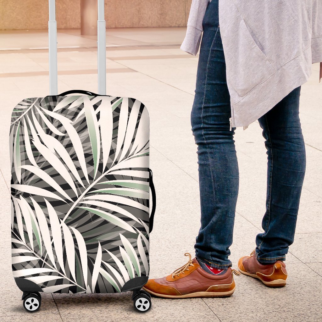 Black White Tropical Leaf Pattern Print Luggage Cover GearFrost