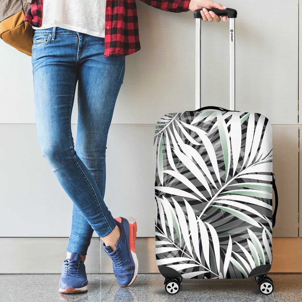 Black White Tropical Leaf Pattern Print Luggage Cover GearFrost