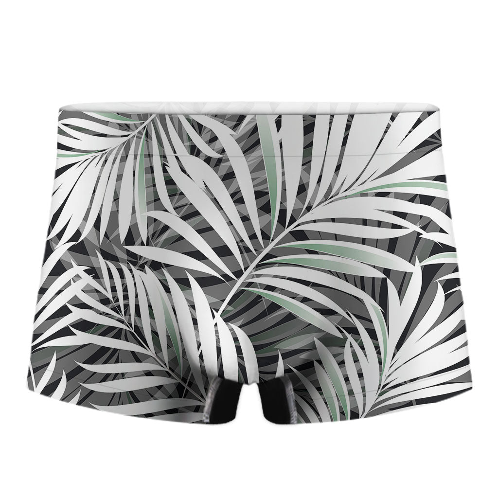 Black White Tropical Leaf Pattern Print Men's Boxer Briefs