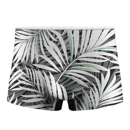 Black White Tropical Leaf Pattern Print Men's Boxer Briefs