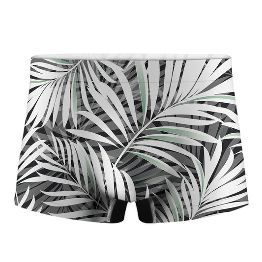 Black White Tropical Leaf Pattern Print Men's Boxer Briefs