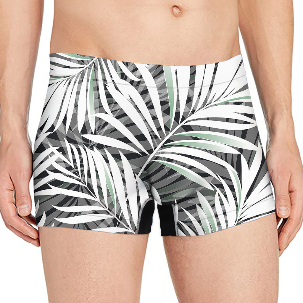 Black White Tropical Leaf Pattern Print Men's Boxer Briefs