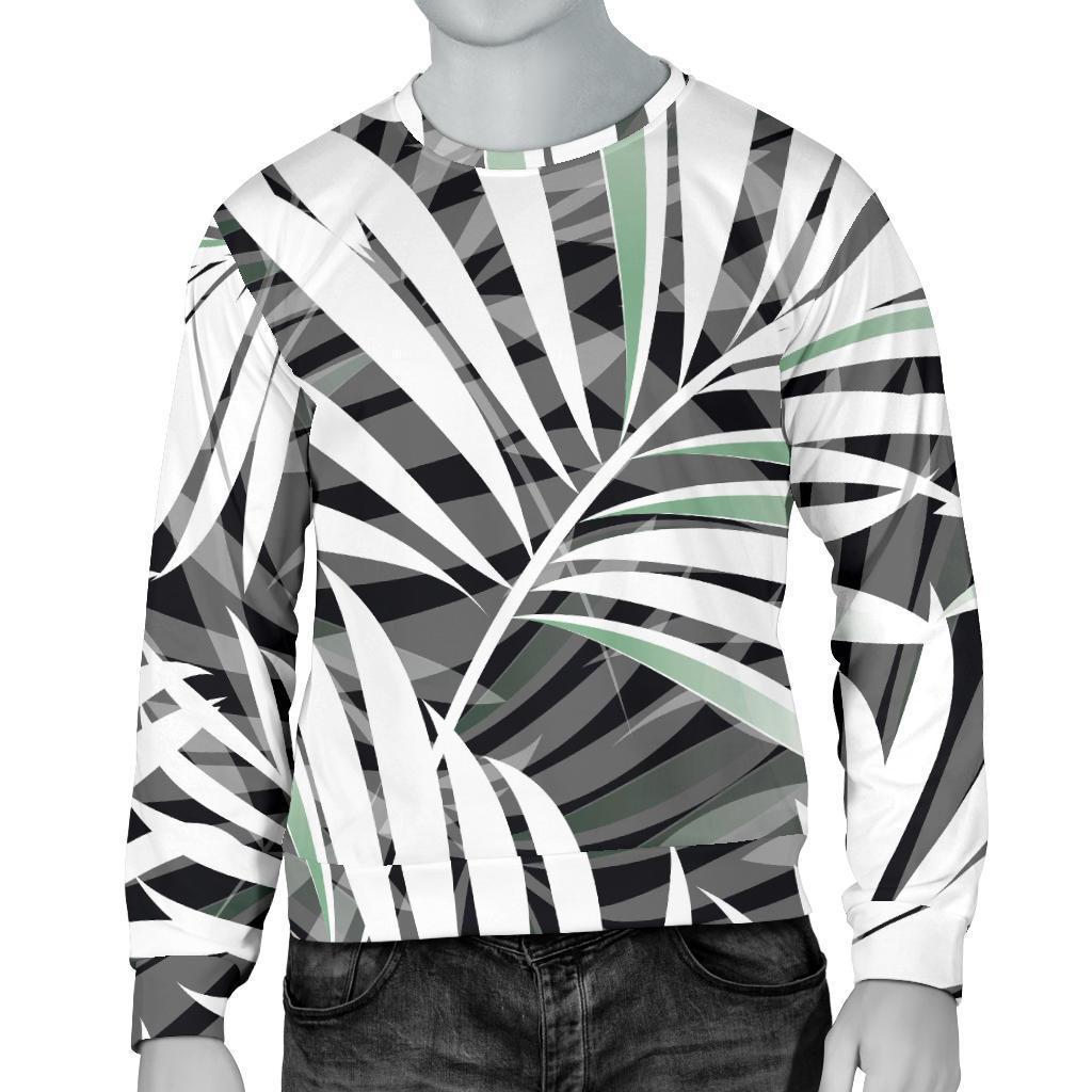 Black White Tropical Leaf Pattern Print Men's Crewneck Sweatshirt GearFrost