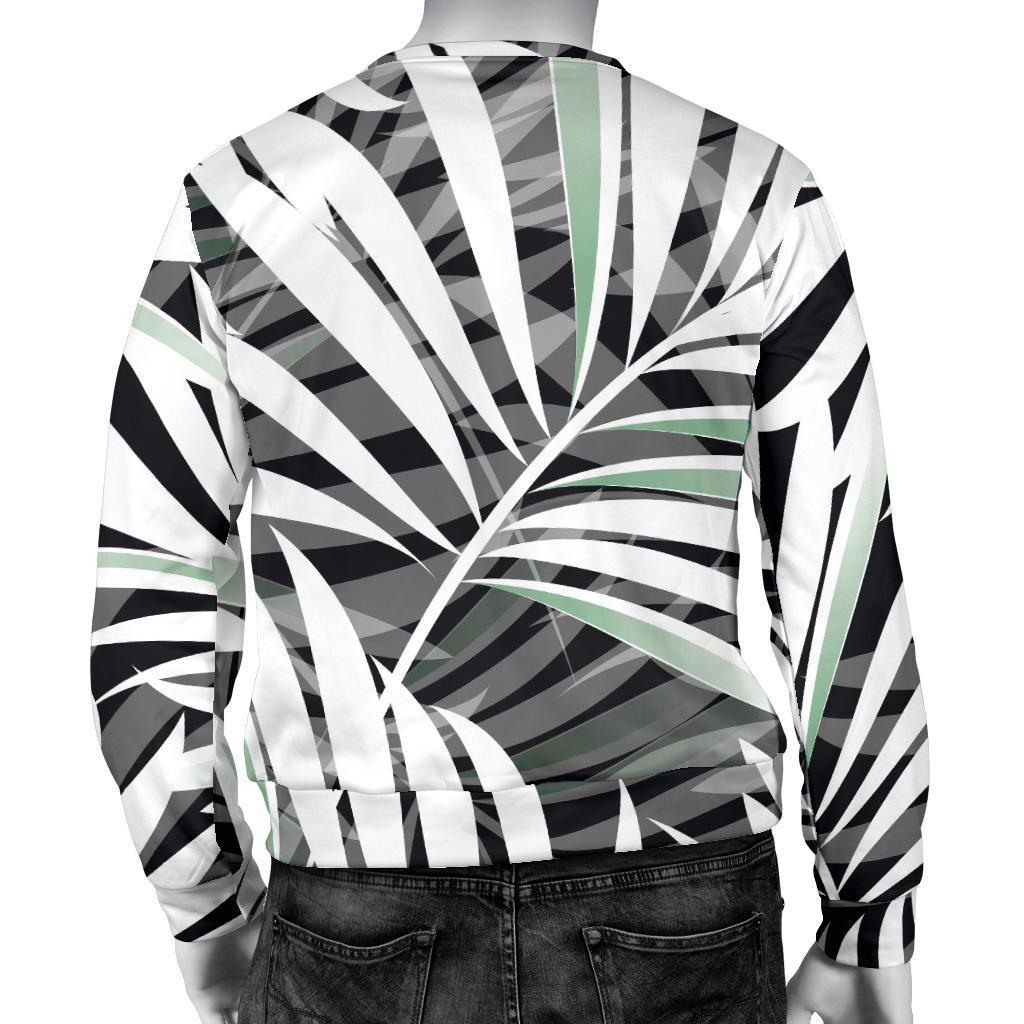Black White Tropical Leaf Pattern Print Men's Crewneck Sweatshirt GearFrost