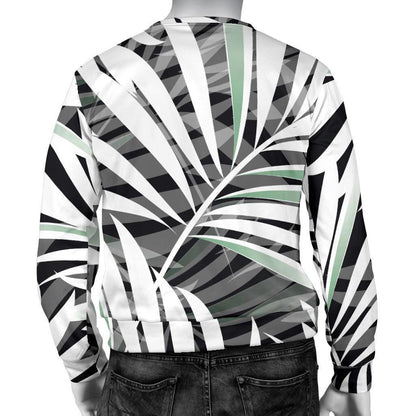 Black White Tropical Leaf Pattern Print Men's Crewneck Sweatshirt GearFrost