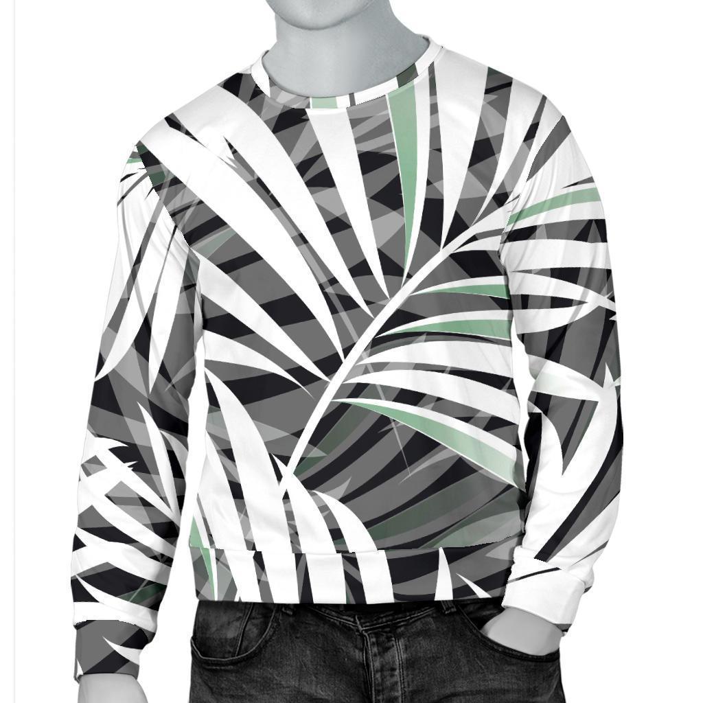 Black White Tropical Leaf Pattern Print Men's Crewneck Sweatshirt GearFrost