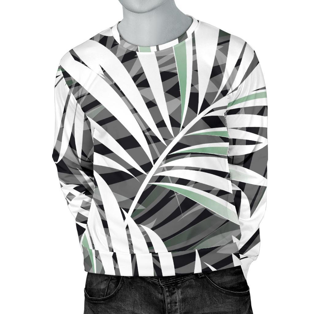 Black White Tropical Leaf Pattern Print Men's Crewneck Sweatshirt GearFrost
