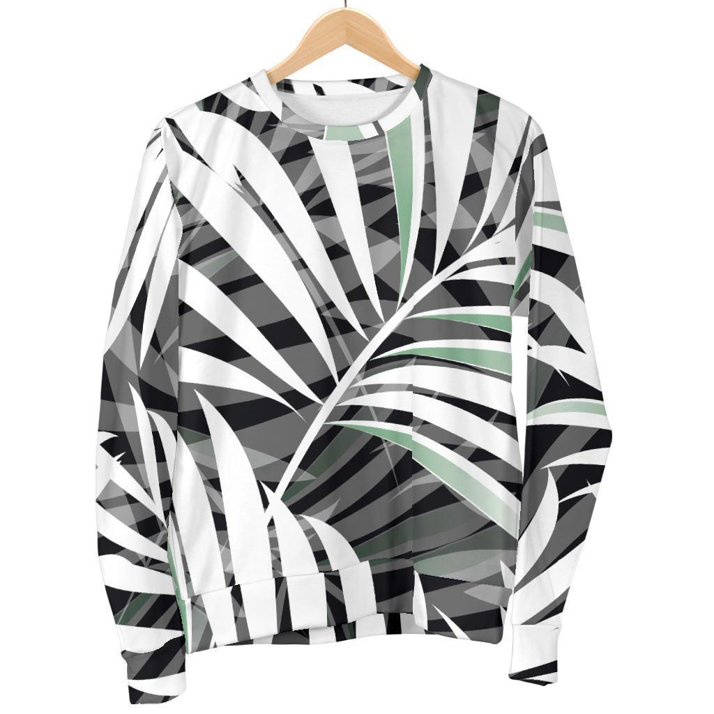 Black White Tropical Leaf Pattern Print Men's Crewneck Sweatshirt GearFrost