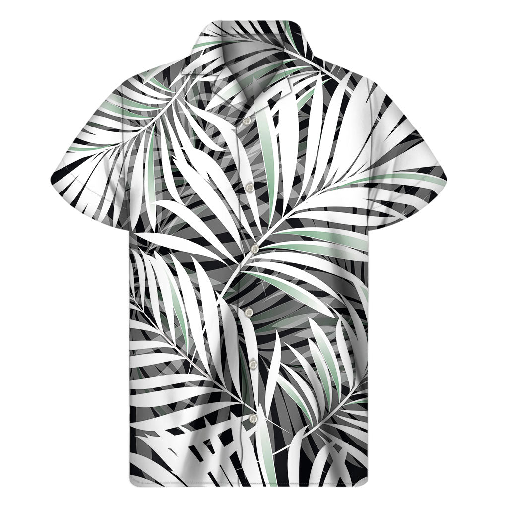 Black White Tropical Leaf Pattern Print Men's Short Sleeve Shirt