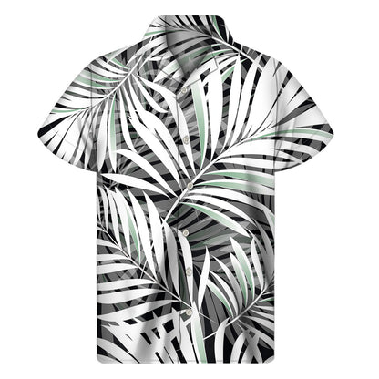 Black White Tropical Leaf Pattern Print Men's Short Sleeve Shirt