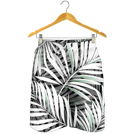 Black White Tropical Leaf Pattern Print Men's Shorts