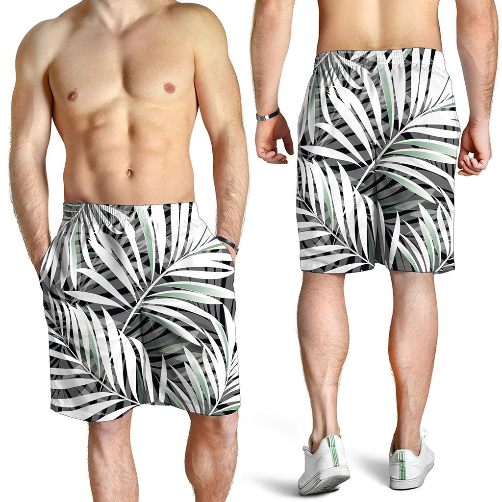 Black White Tropical Leaf Pattern Print Men's Shorts