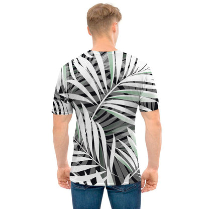 Black White Tropical Leaf Pattern Print Men's T-Shirt