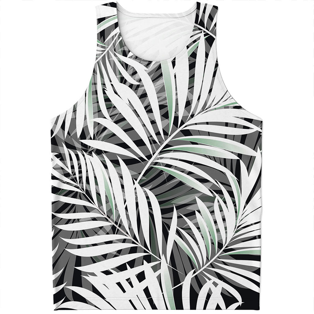 Black White Tropical Leaf Pattern Print Men's Tank Top