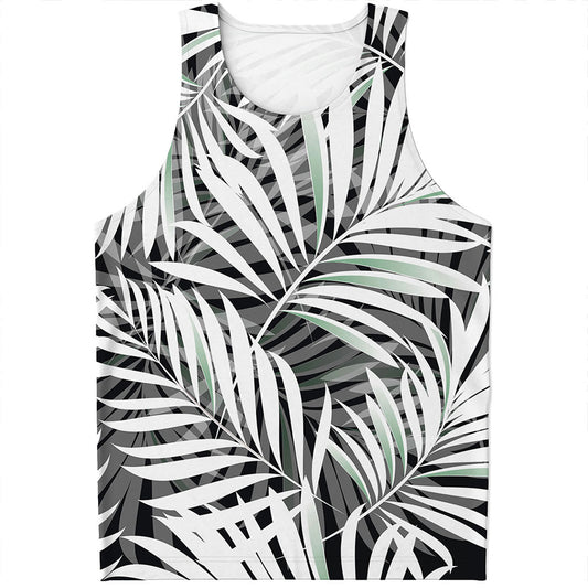 Black White Tropical Leaf Pattern Print Men's Tank Top
