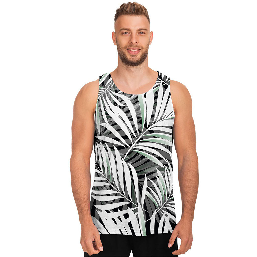Black White Tropical Leaf Pattern Print Men's Tank Top