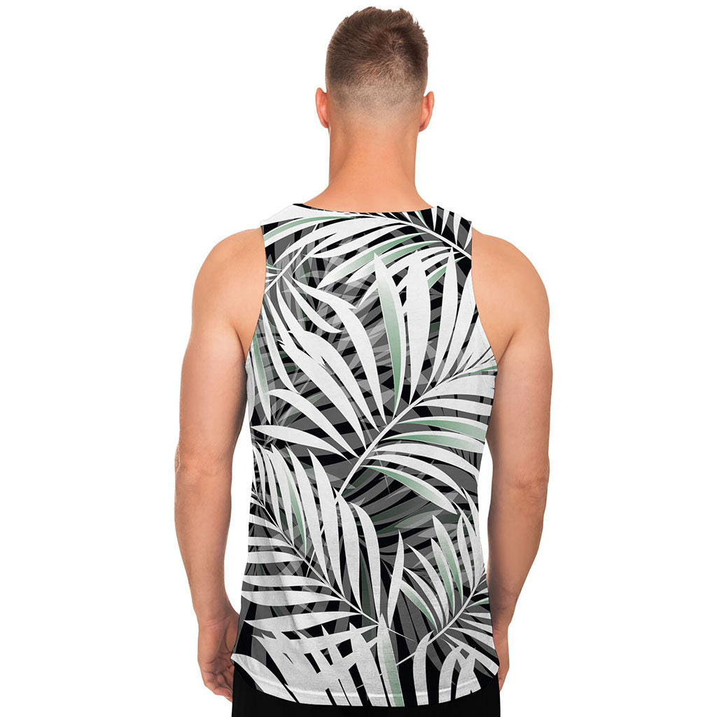 Black White Tropical Leaf Pattern Print Men's Tank Top