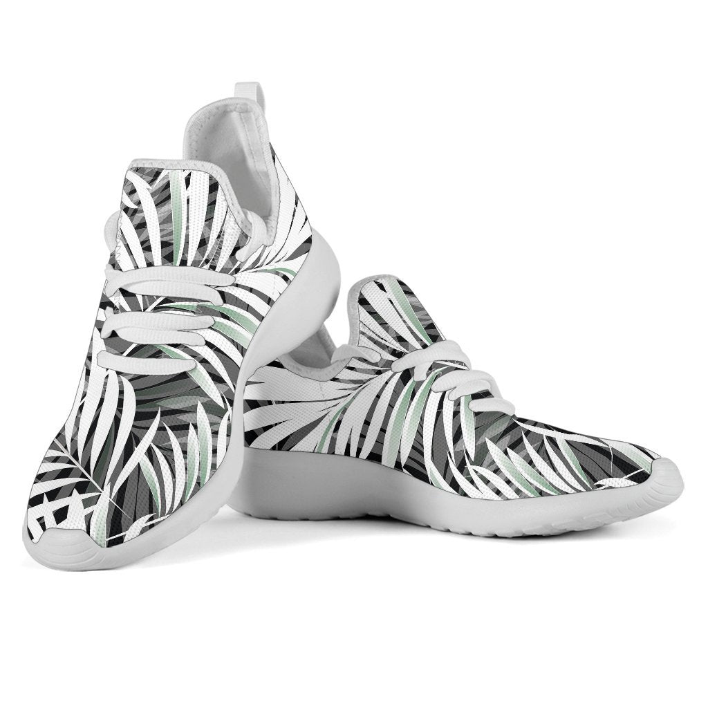 Black White Tropical Leaf Pattern Print Mesh Knit Shoes GearFrost