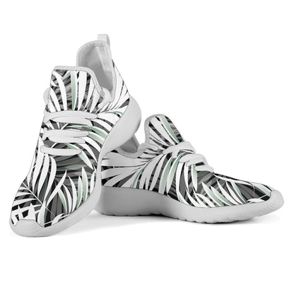 Black White Tropical Leaf Pattern Print Mesh Knit Shoes GearFrost