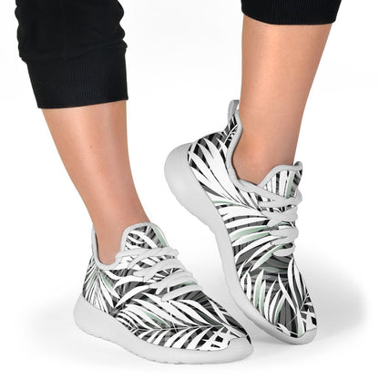 Black White Tropical Leaf Pattern Print Mesh Knit Shoes GearFrost