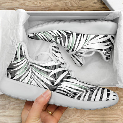 Black White Tropical Leaf Pattern Print Mesh Knit Shoes GearFrost