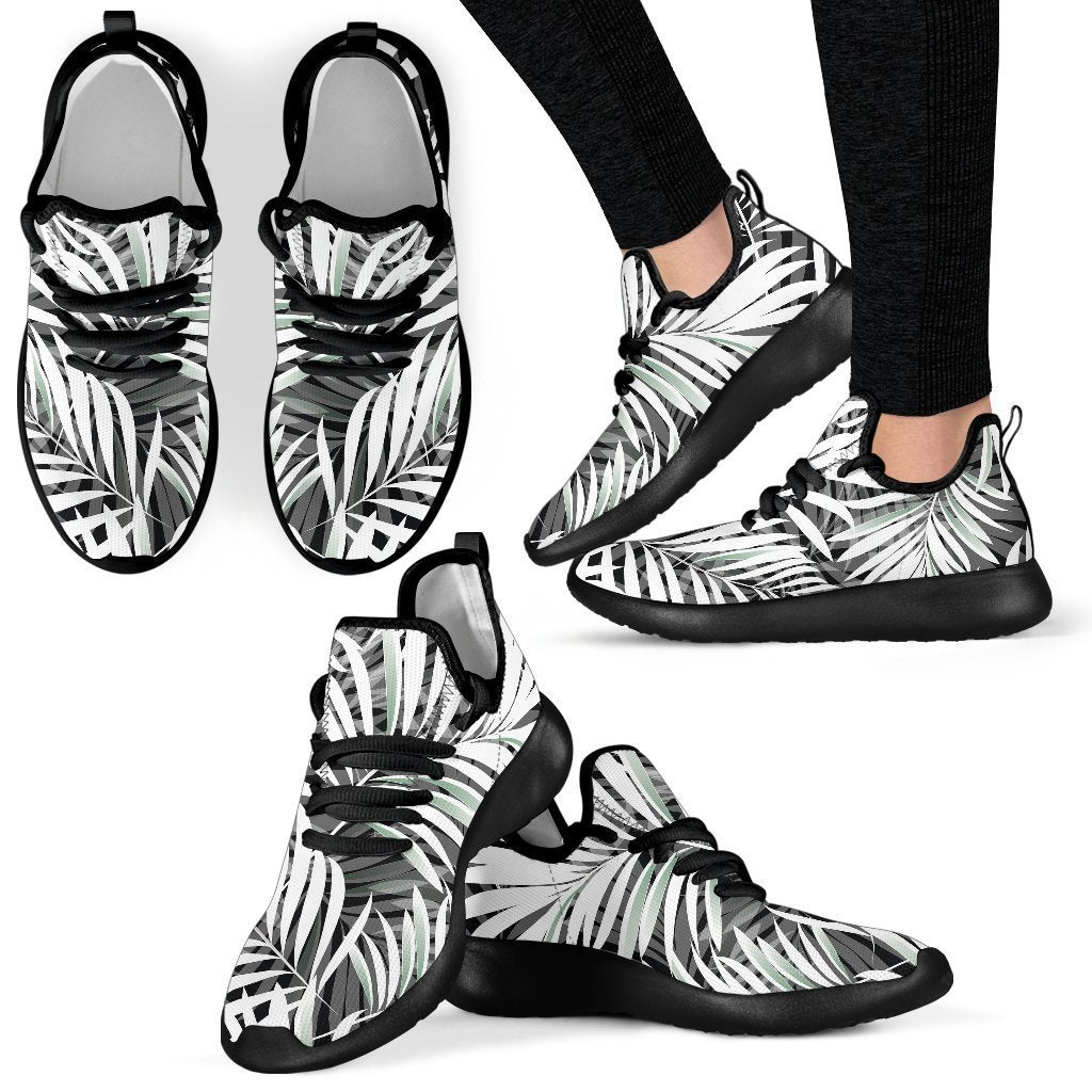 Black White Tropical Leaf Pattern Print Mesh Knit Shoes GearFrost