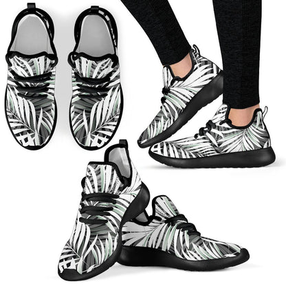 Black White Tropical Leaf Pattern Print Mesh Knit Shoes GearFrost