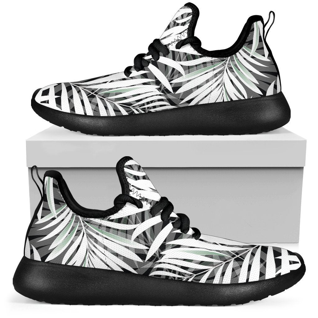 Black White Tropical Leaf Pattern Print Mesh Knit Shoes GearFrost