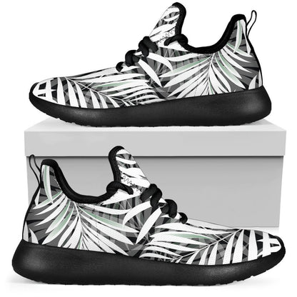 Black White Tropical Leaf Pattern Print Mesh Knit Shoes GearFrost