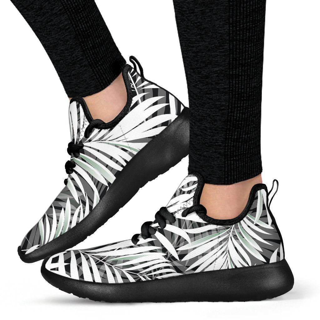 Black White Tropical Leaf Pattern Print Mesh Knit Shoes GearFrost