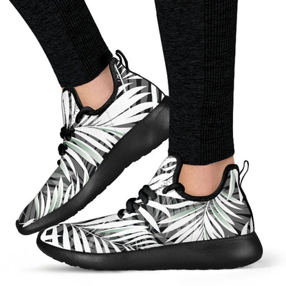 Black White Tropical Leaf Pattern Print Mesh Knit Shoes GearFrost