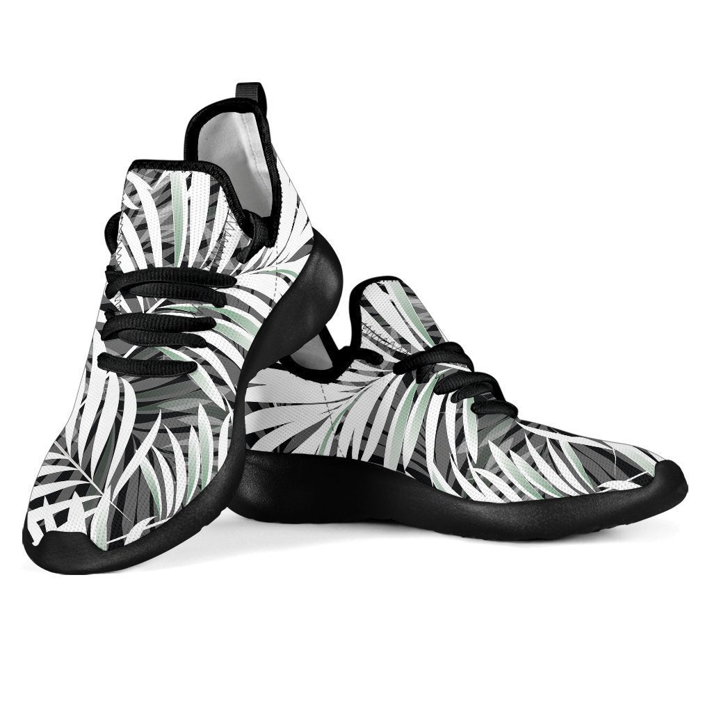 Black White Tropical Leaf Pattern Print Mesh Knit Shoes GearFrost