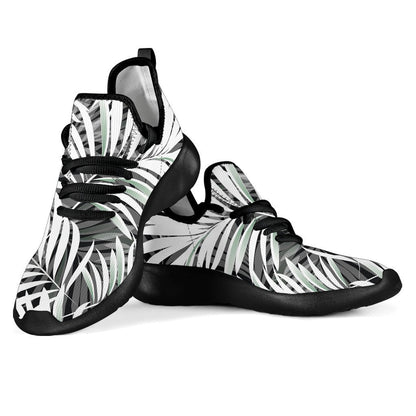 Black White Tropical Leaf Pattern Print Mesh Knit Shoes GearFrost