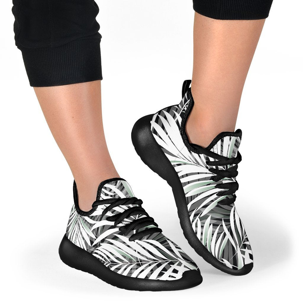 Black White Tropical Leaf Pattern Print Mesh Knit Shoes GearFrost