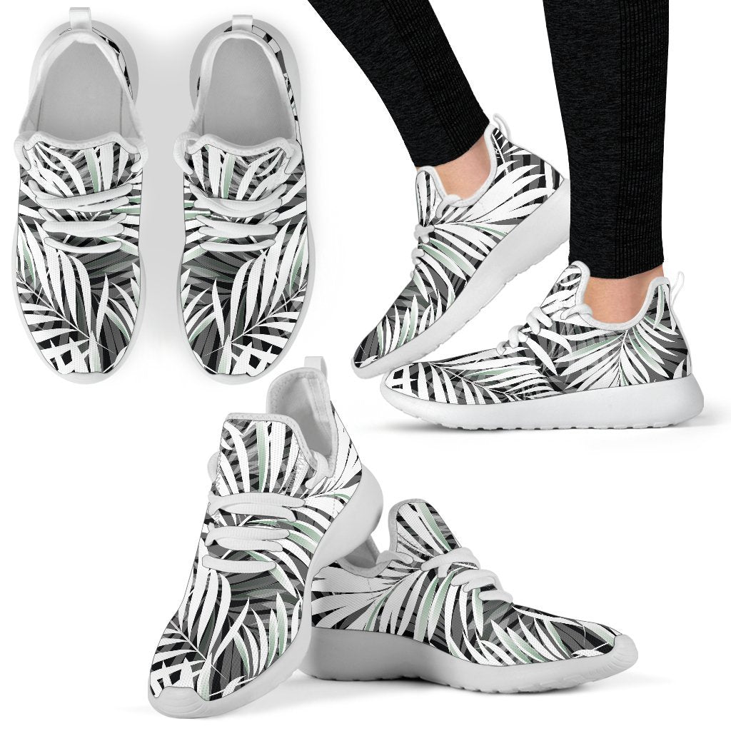 Black White Tropical Leaf Pattern Print Mesh Knit Shoes GearFrost