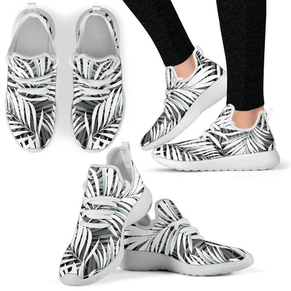 Black White Tropical Leaf Pattern Print Mesh Knit Shoes GearFrost