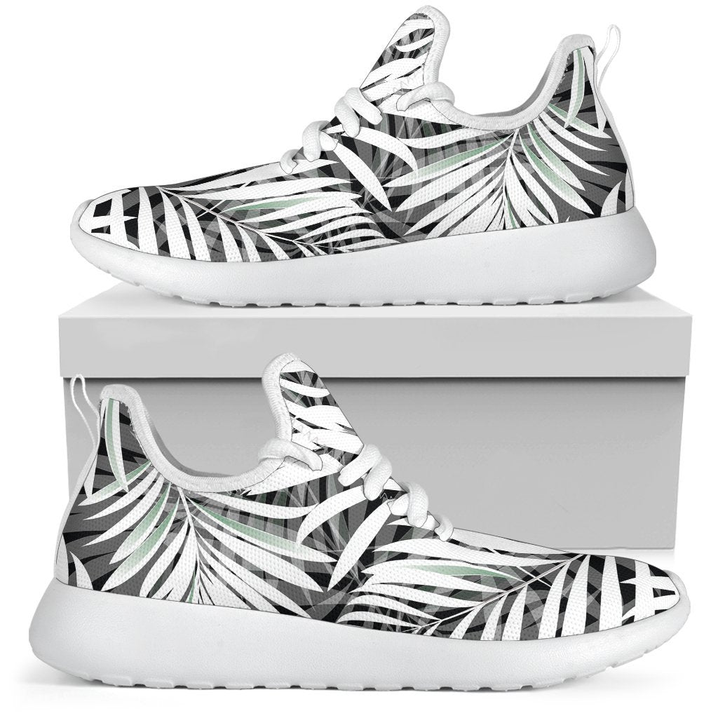 Black White Tropical Leaf Pattern Print Mesh Knit Shoes GearFrost