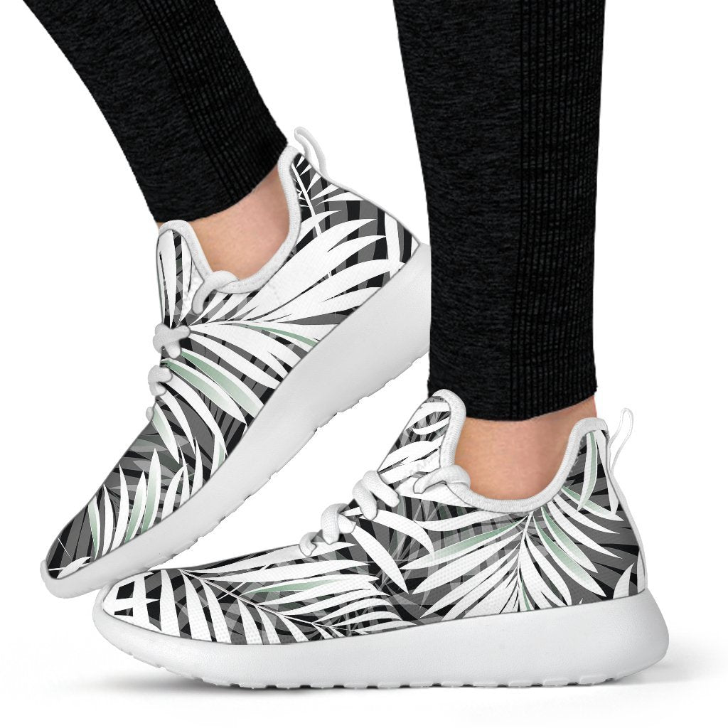 Black White Tropical Leaf Pattern Print Mesh Knit Shoes GearFrost