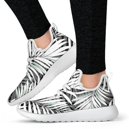 Black White Tropical Leaf Pattern Print Mesh Knit Shoes GearFrost