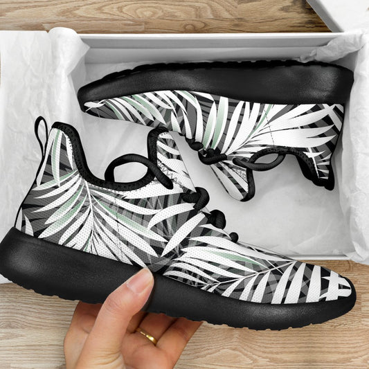 Black White Tropical Leaf Pattern Print Mesh Knit Shoes GearFrost