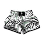 Black White Tropical Leaf Pattern Print Muay Thai Boxing Shorts