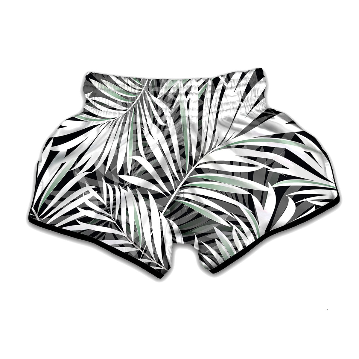 Black White Tropical Leaf Pattern Print Muay Thai Boxing Shorts