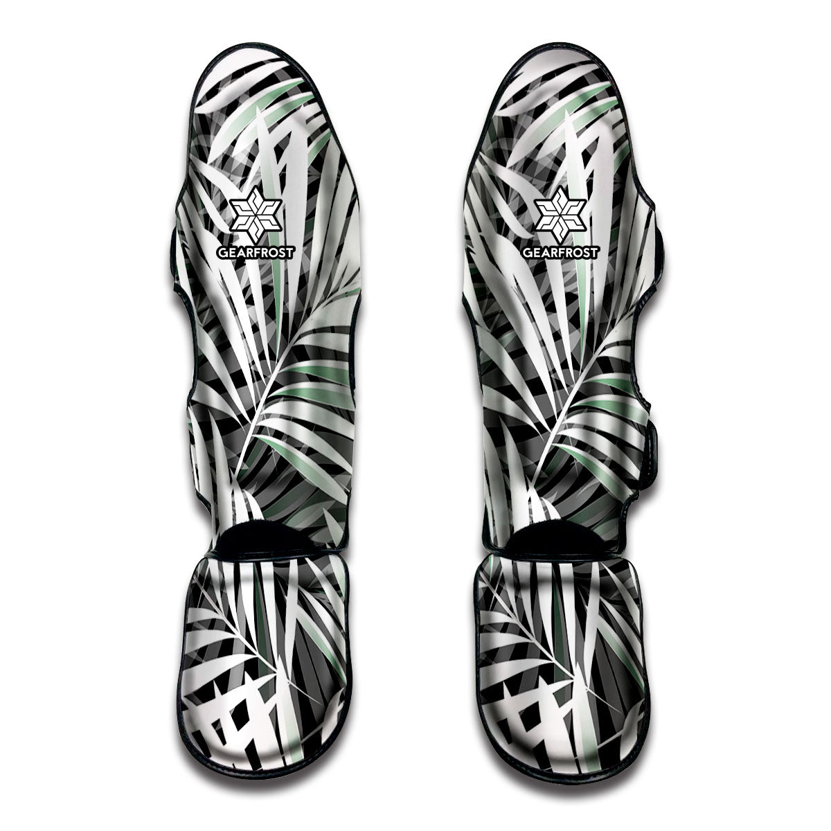Black White Tropical Leaf Pattern Print Muay Thai Shin Guard