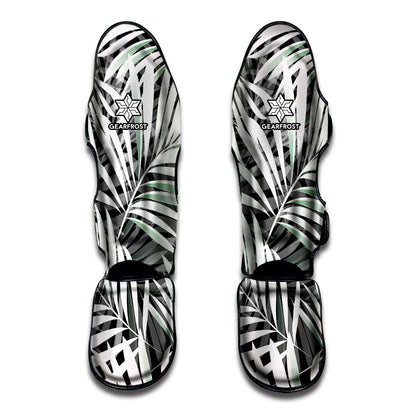 Black White Tropical Leaf Pattern Print Muay Thai Shin Guard