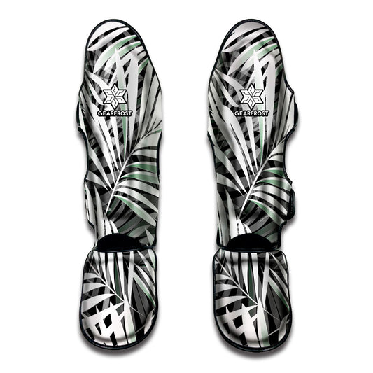 Black White Tropical Leaf Pattern Print Muay Thai Shin Guard